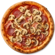 ROMA Pizza mit Salami, Vorderschinken, Speck, Champignons und roten Zwiebeln auf knusprigem Steinofenboden