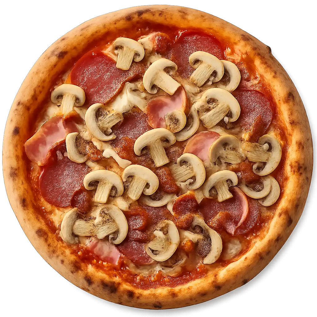 ROMA Pizza mit Salami, Vorderschinken, Speck, Champignons und roten Zwiebeln auf knusprigem Steinofenboden