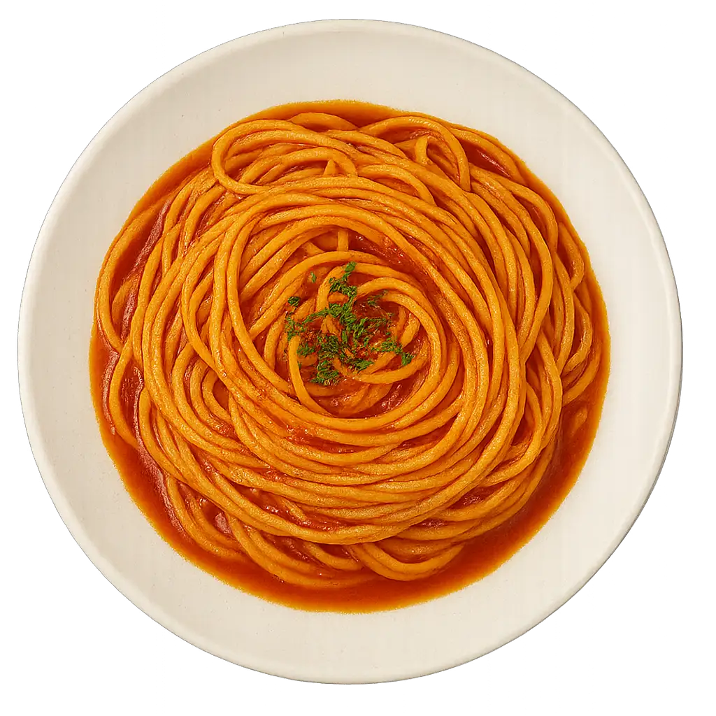 SPAGHETTI ALL' ARRABBIATA scharf mit würziger Tomatensauce, serviert auf einem weißen Teller