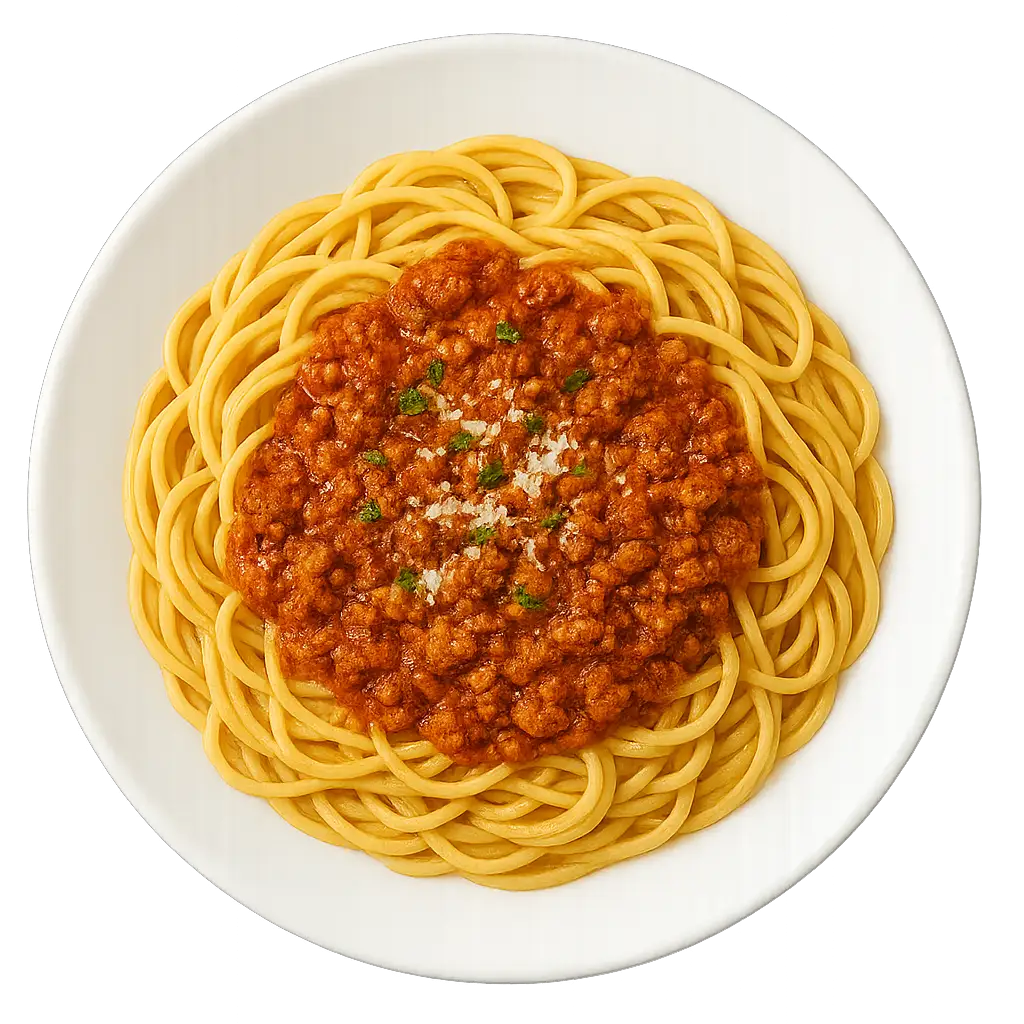 SPAGHETTI BOLOGNESE mit reichhaltiger Tomatensauce und herzhaftem Hackfleisch, serviert auf einem weißen Teller