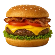 Jetzt SVIZZERA BURGER bestellen – saftiges Rindfleisch mit Käse, Speck, Salat, Tomaten und Zwiebeln im frischen Brötchen. Herzhafter Genuss, heiß serviert!