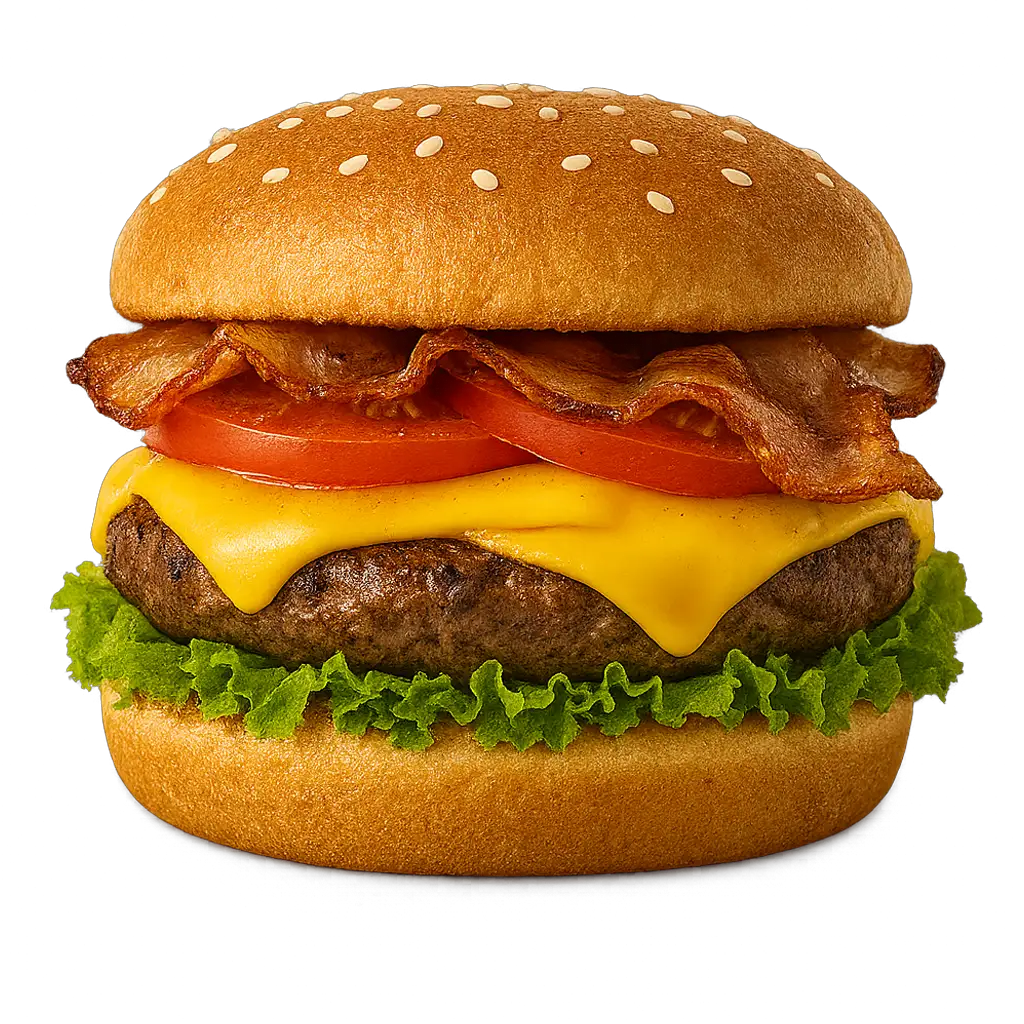 Jetzt SVIZZERA BURGER bestellen – saftiges Rindfleisch mit Käse, Speck, Salat, Tomaten und Zwiebeln im frischen Brötchen. Herzhafter Genuss, heiß serviert!