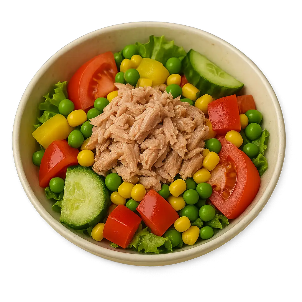 Herzhaft-frischer Thunfischsalat, kombiniert mit knackigem Gemüse für eine ausgewogene Mahlzeit.