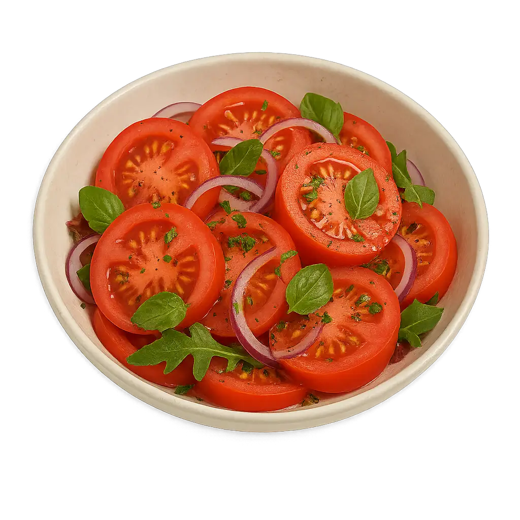TOMATEN SALAT – Wahl aus: mit French-Dressing, mit Italian-Dressing oder ohne Dressing