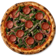 TOSCANA Pizza mit Oliven, frischem Spinat, Knoblauch, Zwiebeln, Sardellen und Salami auf knusprigem Steinofenboden
