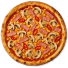 USA Pizza mit Schinken, Champignons, Mais und Peperoni