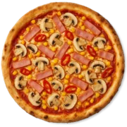 USA Pizza mit Schinken, Champignons, Mais und Peperoni