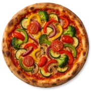 VEGETARIANA Pizza vegetarisch mit frischem Saisongemüse wie Paprika, Zucchini, Brokkoli, Tomaten, Champignons und Zwiebeln auf Steinofenbode