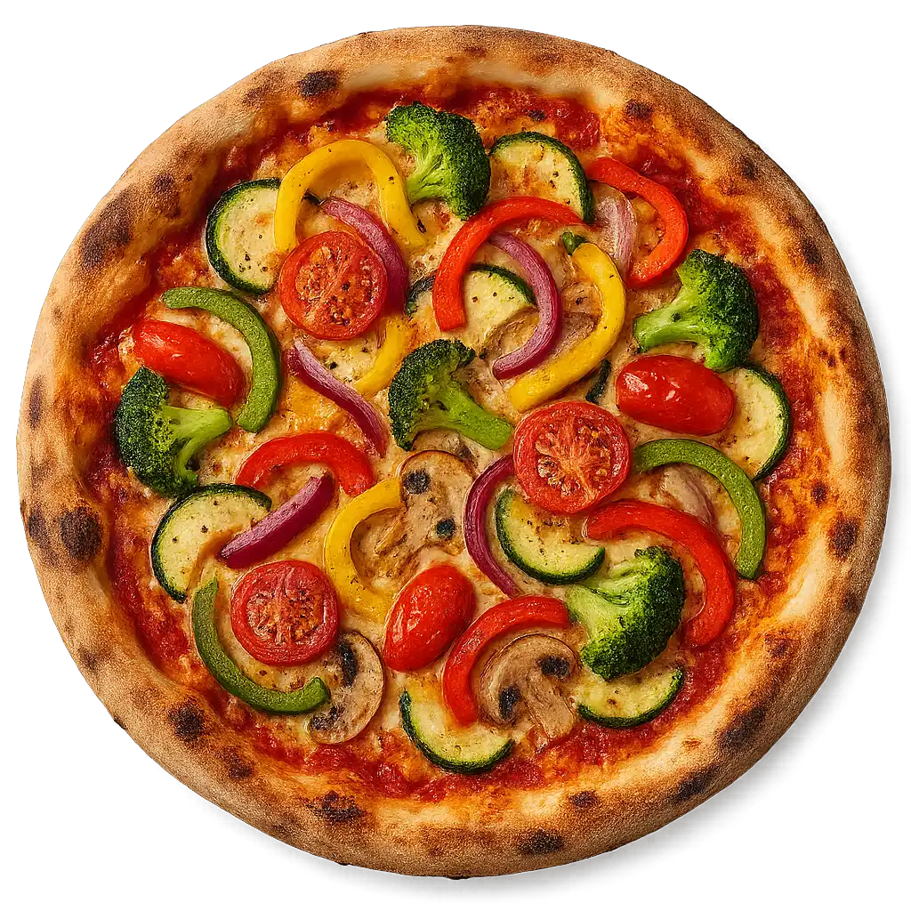 VEGETARIANA Pizza vegetarisch mit frischem Saisongemüse wie Paprika, Zucchini, Brokkoli, Tomaten, Champignons und Zwiebeln auf Steinofenbode