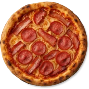 ZIA TERESA Pizza mit knusprigem Speck, würziger Salami und frischen Zwiebelringen auf Steinofenboden
